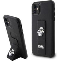 Karl Lagerfeld dėklas iPhone 11 telefonui Gripstand Saffiano Karl & Choupette, juodas