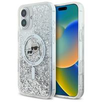 Karl Lagerfeld dėklas iPhone 16 telefonui Liquid Glitter Karl & Choupette MagSafe, skaidrus