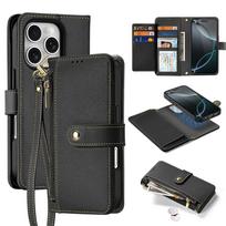 Dux Ducis Lawa odinis dėklas iPhone 16 Pro Max su nuimama magnetine pinigine, juodas