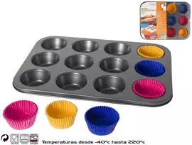 Kitchengo Nelipni plieninė keksiukų kepimo forma 12 keksiukų, Ø6 cm, su 60 popierinių formelių, 3 × 26 × 35 cm