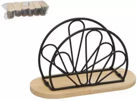 Metalinis servetėlių laikiklis su mediniais elementais, juodas, 15 x 7,5 x 9,5 cm, KITCHEN&GO