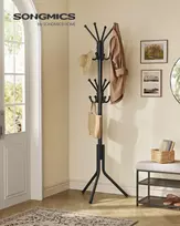 SONGMICS drabužių kabykla, metalinis drabužių stovas, laisvai stovintis drabužių, rankinių, skrybėlių laikiklis, 175 cm aukščio, 16 kabliukų, skirtas prieškambariui, svetainei, miegamajam, juodos spalvos