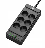 KEL Viršįtampio apsaugos ilgintuvas, 6 lizdai 2P+žemė, su USB-A ir USB-C lizdais, 2 m, Schuko; juoda