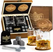Whisiskey viskio stiklinių rinkinys su akmenimis ir medine dėže, 2 x 310 ml