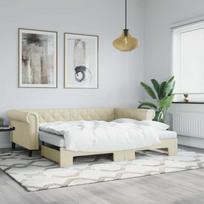 Lova su ištraukiama dalimi, kreminė, 90x200cm, dirbtinė oda