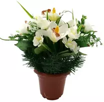 Dirbtinė orchidėjų ir zinijų puokštė vazone