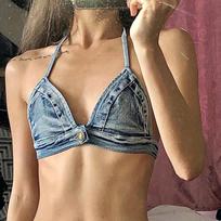 Spicy Girl Denim Bikini Beach Set - Sexy Halter Split Swimsuit for Women, Vacation Style gray