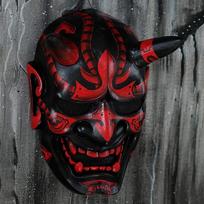Halloween Red Hannya Ghost Mask with Fangs - Scary Prank Costume Latex Headgear raudona