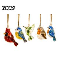 Pre-made Acrylic Pendants 5Pcs Suncatcher Window Hangings, Sea Glass Collage Kit with Birds Farm Animals Marine Mini Colored Effect Decor Bird beige