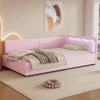 Dieninė sofa, Dienos lova, Miegamoji sofa, 90*200cm, LED aplinkos apšvietimas, Lova su groteliniu rėmu (be čiužinio), Dirbtinio vilnos audinys, rožinis 209 x 98 x 69 cm rožinė