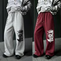 Dragon Patterned Trendy Printed Straight Leg Sports Pants Suitable for Men's Casual Pants Versatile S gray