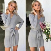 Rudens žiemos megzti šonkauliai mini moteriška suknelė Elegantiška V kaklo iškirpta suknelė Moteriška laisvalaikio apranga Šilta vakarėlio suknelė Vestidos L