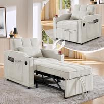 3-in-1 miegojimo kėdė su USB/Type-C prievadu, sofa-lova (190 cm) su nerūdijančio plieno gėrimų laikikliu, 3 lygių reguliuojamu atlošu, šoninėmis kišenėmis. 190 x 85 x 86 cm smėlis