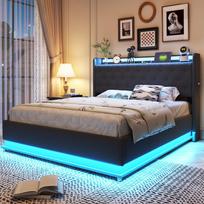 LED minkšta lova 140*200 cm su USB įkrovimo prievadu ir hidrauline saugykla, odai draugiškas lininis audinys, pilka 213 x 146 x 113 cm pilka