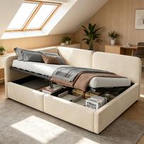 Apmušta lova 140x200 miegamoji sofa, aksominė, su hidrauline saugykla, aukšta galvūgalis, keičiama atlošas, tinkama vaikams ir suaugusiems, smėlio spalvos 206 x 146 x 81 cm smėlis
