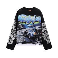 Retro Back to the Future Print Long Sleeve T-shirt Y2K Distressed Streetwear Oversized Top S gray