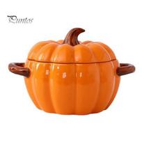 Heat Locking Food Pot Dutch Oven with Lid, Pumpkin Pottery Dessert Saucepan, Double-Ear Mini Kitchen Gift for Home Baking Dish, Cute Pumpkins S orange