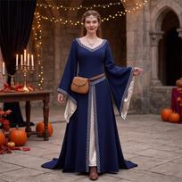 Women's Long Sleeve V-Neck Embroidered Flare Sleeve Fitted Dress S