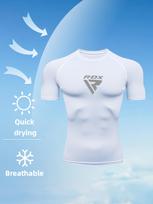Mens White Compression Short Sleeve T-Shirt RDX Logo Graphic Quick Dry Breathable High Elasticity Gym And Running Athletic Top S white