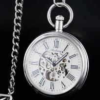 SHUHANG Mechanic Watch Men Automatic Self Winding Pocket Watch Silver Simple Open Face Chain Pendant with Roman Number gray
