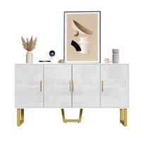 150 cm modernus, prabangus baltas komoda su blizgiais struktūriniais durelėmis ir auksinėmis rankenėlėmis, 4 durelių dizainas, reguliuojamo aukščio lentynos 150 x 40 x 82 cm balta