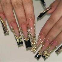 24 Pcs French Tip Press On Nail Long Coffin False Nail Stick On Nail with Rhinestones Artificial Nail for Party 1 brown