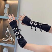 Personality Fashion Buckle Straps Punk Style Women Spandex Fingerless Gloves Lolita Cosplay Stage Performances Street Dance One Size black