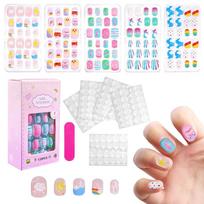 MAYCREATE® 120Pcs Press on Nails for Kids Cartoon Press-on Nails with 5 Designs Party Favors DIY Kawaii Nail Art Fake Nails for Kids Birthday Child white