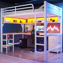 Metalinė žaidimų palėpės lova (140 x 200 cm) su knygų lentyna, stalu, spinta, USB ir LED apšvietimu, baltas 204 x 145 x 180 cm balta