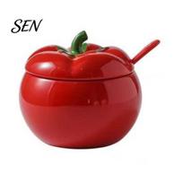 Kitchen Gadgets for Countertop Tomato Ceramic Spice Jar with Lid & Spoon, 420ml Mini Salt Sugar Counter Organizer Pepper Storage Pot, Cute Chili raudona