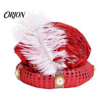 Unique Gift for Holiday Celebrations Indian Sultan Hat, Shiny Sequins Feather Plume Cap, Novelty Arabian Accessory Stage Shows Prince Costume auksinė