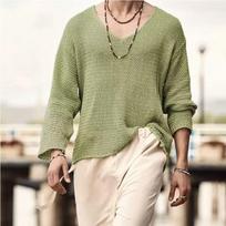 Men Casual Loose Hollow Out Long Sleeve V Neck Knit Sweater M žalia