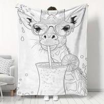 American-style Hand-Painted Coloring Stress-Relief Giraffe Print Flannel Blanket, Adult Leisure and Relaxation Atmosphere Throw Blanket, Warm and Comf 75X95CM gray