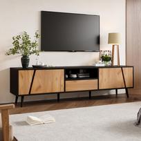 180*40*46cm Žemas komodos tipo televizoriaus staliukas, TV spintelė su stalčiais ir 2 durelėmis, TV konsolė su 6 medinėmis kojomis, 75 colių svetainės spintelėms 180 x 40 x 46 cm