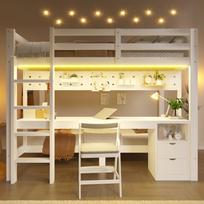Aukštos lovos, 90x200 ir 140x200 cm, Pušies mediena, su stalčiais ir stalu, Įrengta perforuota sienelė su kabliukų laikikliu, Komplekte LED juosta, Be čiužinio 205 x 151 x 170 cm balta
