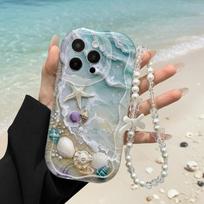 Telefono dėklas su paplūdimio kriauklių ir jūrų žvaigždžių raštu, skirtas iPhone 17 16 15 14 13 12 11 Pro Max 16E 17E, su dirželiu, skaidrus, su banguotu kraštu iPhone 14 Pro Max gray