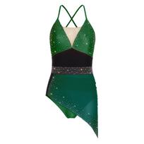 Womens Figure Skating Sling Bodysuit Sparkle Rhinestone Ruched Irregular Mesh Overlay Color Block Leotard S tamsiai žalia spalva