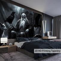 Extra Large Norse Mythology Crow Tapestry, Majestic Landscape  Polyester Wall Hanging for Living Room Bedroom Wall Decor 100X70CM black