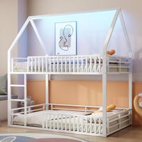 140x200 house bunk bed with fence and LED light, White 204 x 145 x 214 cm balta