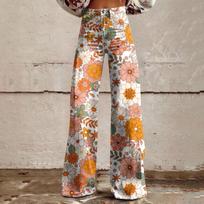 Wide Leg Flare Jeans For Women With Pockets Baggy Pants Vintage Floral Print High Waisted Loose Pant L