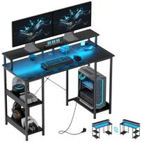 Reversible PC Desk with Power Outlets, Lights, Monitor Stand and Shelf, 120x50cm, Black 120 x 50 x 89.5 cm