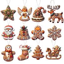 12Pcs/Set Christmas Tree Gingerbread Ornaments Santa Elk Snowflake Bell Snowman Wooden Xmas Decor Cute Hanging Keychain Gift brown