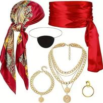 Eye Mask Pirate Bandana Hat with Necklace Halloween Pirate Cosplay  Carnival Party 6pcs red brown