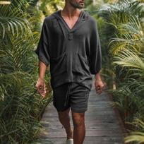 male set  linen Solid Loose Outfits Summer Half Sleeve V-Neck T-Shirt And Shorts Suits For males XXXL juoda