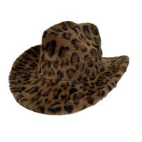 Fuzzy Leopard Cowboy Hat Thick Plush Leopard Fedora Hat Warm Faux Fur Western Hat  Autumn Winter gray