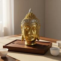 Shakyamuni Head Figurine Vintage Influenced Meditative Style Buddha Bust Southeast Asian Design brown
