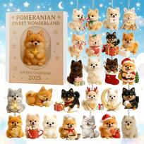 Pomeranian Sweet Wonderland Advent Calendar 2025,24 Days Of Festive Surprises Dog Ornaments,2D Acrylic Cute Canine Toys white