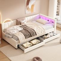 Sofa-lova, 90*200cm, Sandėliavimo skyrius lovoje, USB+Type C, LED juosta, Lova su dviem stalčiais, Lova su groteliniu rėmu (be čiužinio), Linas, Smėlio spalvos 210 x 94.5 x 71 cm smėlis