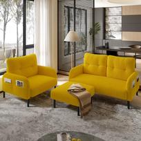 Velvetinis 3 dalių komplektas: Fotelis + Pufas + 2 vietų sofa su šonine kišenė Plieno rėmas ir atlošas Gili sėdynė Modulinis, svetainei, garstyčių geltonos spalvos geltona