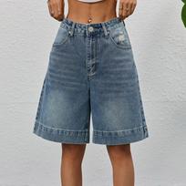 Women's Mid Rise Wide Leg Denim Shorts Washed Ripped Bermuda Shorts Casual Loose Knee Length Jeans Shorts S mėlyna